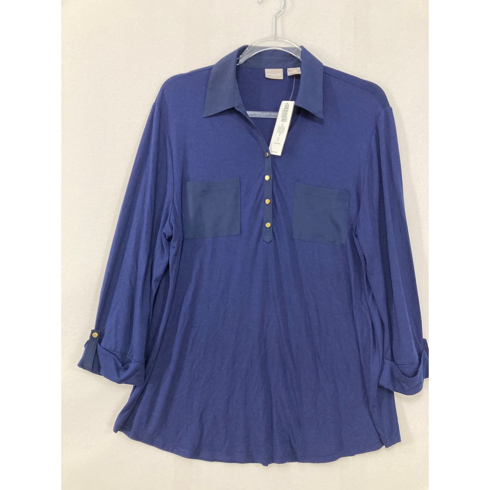 New Chico's Top Size Large/2 Navy 3/4 Sleeve Rolled Tab Stretch Preppy Comfy